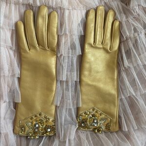 Y2K Embellished Genuine Leather Gloves Gold Beaded Metallic Embroidery Vintage